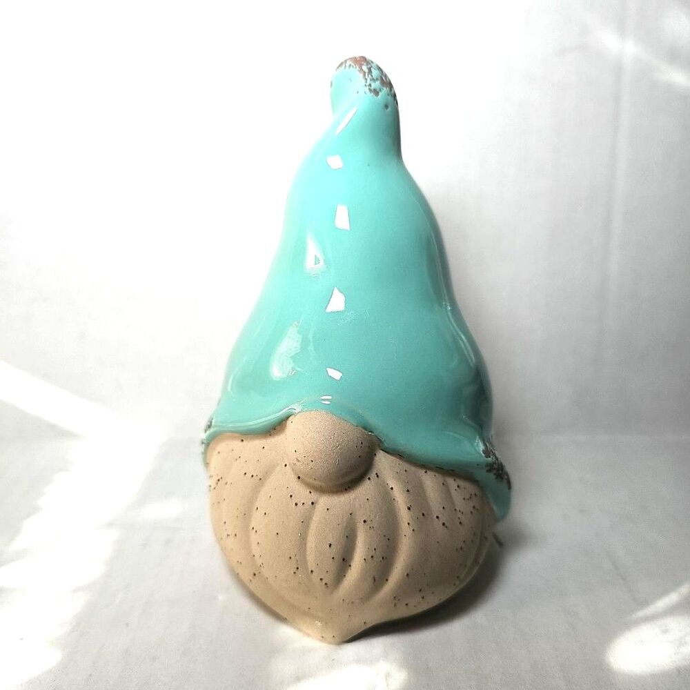 Small Garden Plant Gnome Teal Hat Ceramic